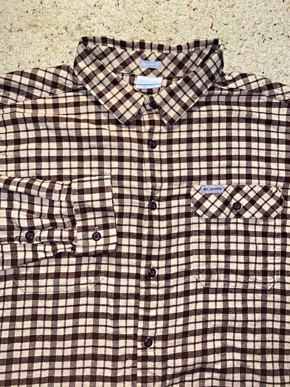 Columbia Flannel Shirt Mens XL Brown Cream Plaid Long Sleeve Button Up Outdoor